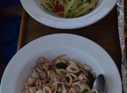 Squid in galic and pepper and green papaya salad